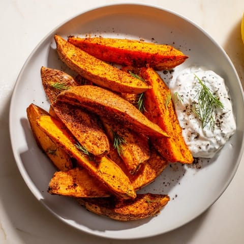 Close-up of crispy roasted sweet potato wedges, perfect for dipping in flavorful yogurt sauce.