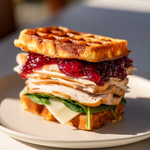 Golden Easy Holiday Waffle Sandwiches stacked high, with a savory turkey and cheese filling, awaiting a hungry bite.
