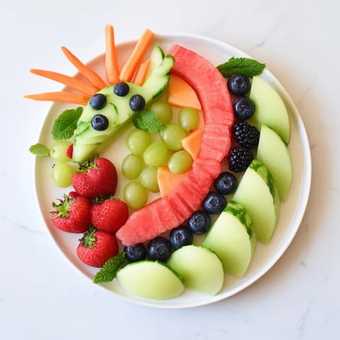 Vibrant Dragon-Shaped Fruit Tray, a colorful and healthy appetizer filled with fresh melon, grapes and berries.