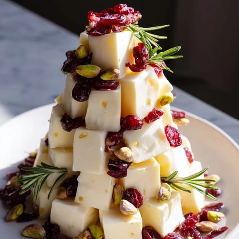 A homemade Cranberry White Cheddar Tree, ready to serve and overflowing with cheese and herbs.