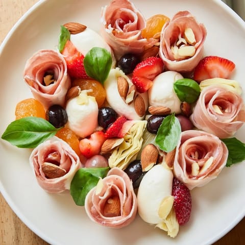 Beautiful Prosciutto Rose Bouquet Board with delicate cured meats and vibrant fruits, a gourmet appetizer.