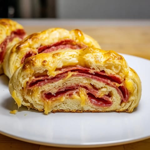 Freshly baked Sliced Cheddar and Salami Scrolls, smelling delicious, ready to enjoy at a party.