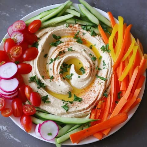 Fresh vegetables form the tributaries of a River Delta Flow, perfect for a Mediterranean-inspired snack.