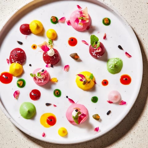 Artistic dish featuring a visually stunning Pointillism Dot Matrix presentation: a modern, delicious appetizer.