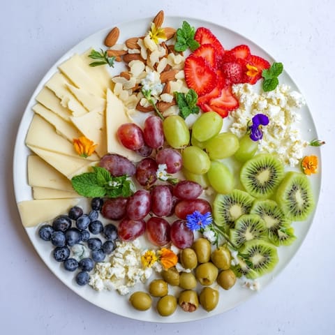 A visually stunning Negative Space Puzzle platter, showcasing vibrant fruits and cheeses artistically arranged.