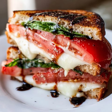 Perfectly grilled Caprese Salad Grilled Cheese boasts a vibrant red tomato and creamy mozzarella filling.