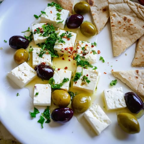 A beautiful Turkish Olives & Cheese Board showcasing a spread of savory olives, cheeses, and crusty bread.
