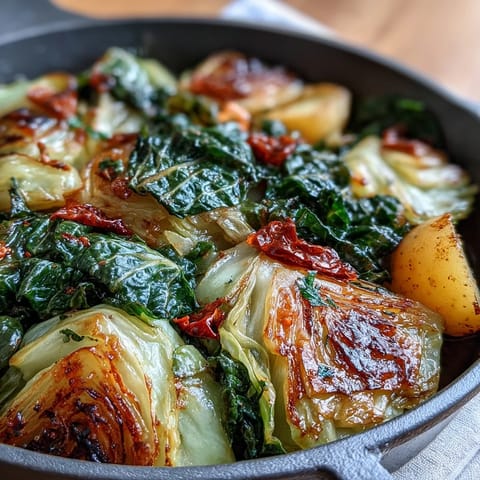 Fork-tender Braised Cabbage With Potatoes and Chili simmered in a rich, golden broth in a rustic pot.