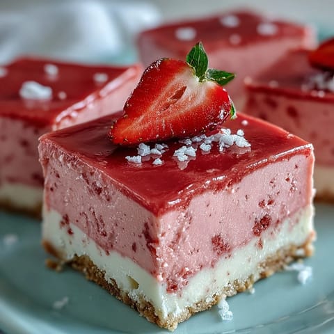 A hand lifting a No-Bake Strawberry Fudge Square, revealing a creamy texture and fresh strawberry garnish.
