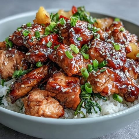 Steaming bowl of Teriyaki Chicken and Rice Bowl with crisp broccoli, carrots, and bell peppers, finished with juicy pineapple chunks and sesame seeds.