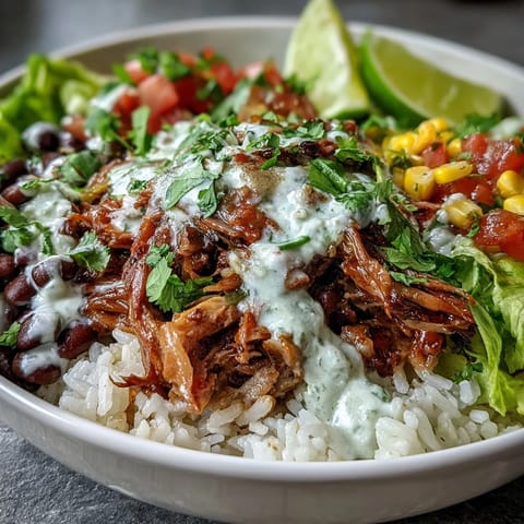 A close-up of a hearty Carnitas Burrito Bowl filled with tender pork, sweet corn, zesty salsa, and fresh cilantro garnish.