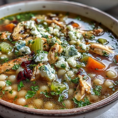 A close-up of Greek Chicken & Pearl Couscous Soup in a white bowl, showcasing tender chicken, vegetables, and lemon zest garnish.