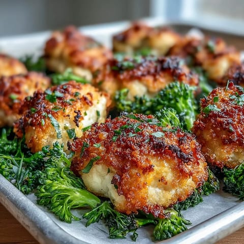 Crispy Parmesan Broccoli & Chicken Trays with lemon wedges and fresh parsley, served hot for an easy meal.