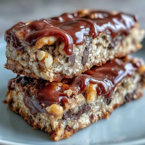 Stack of warm Chunky Monkey Protein Oat Bars revealing banana-spiked interior and melty dark chocolate chunks.