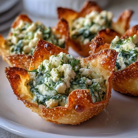 Golden, crispy baked wonton cups filled with creamy spinach and feta mixture on a white plate, garnished with fresh dill.