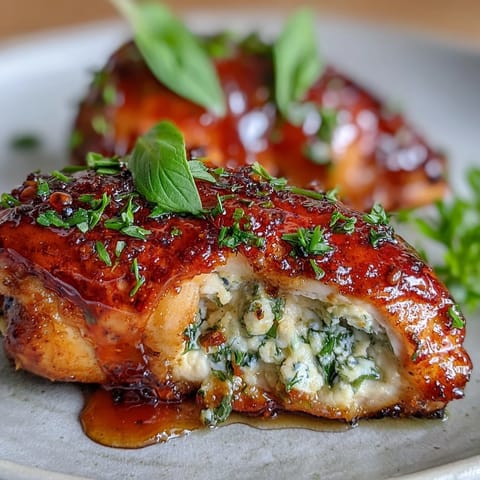 Oven-roasted Hot Honey Ricotta Stuffed Chicken breasts rest on a platter, glistening with a glossy red-orange glaze. The cross-section reveals creamy ricotta and herbs tucked inside the tender meat.