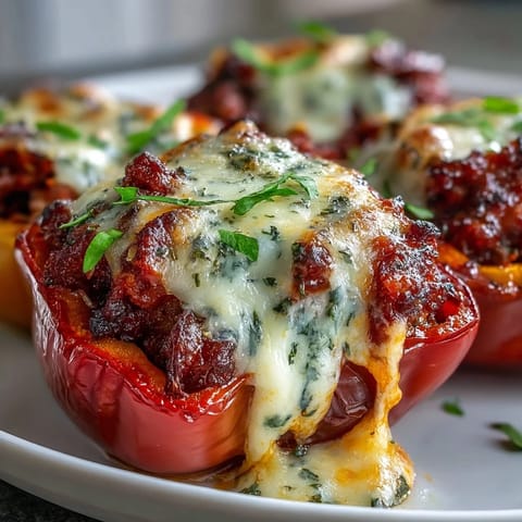 Golden-baked Keto Pizza Stuffed Peppers with melted mozzarella and crispy pepperoni in a white baking dish. 