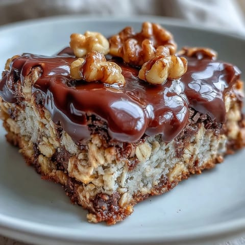Golden-brown Chunky Monkey Protein Baked Oat Bars studded with chocolate chips and chopped walnuts.