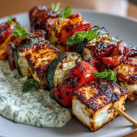 Colorful grilled vegetables and golden halloumi cheese, served with a cool, herby yogurt sauce—a perfect summer dish for grilling season.  