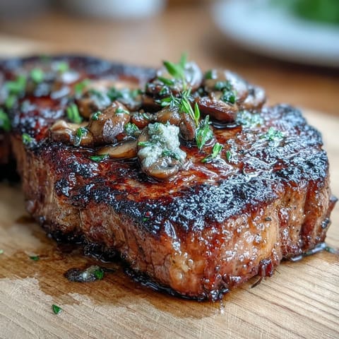 A juicy ribeye steak topped with wild mushrooms and garlic butter, delivering rich, savory flavors with a golden crust.  
