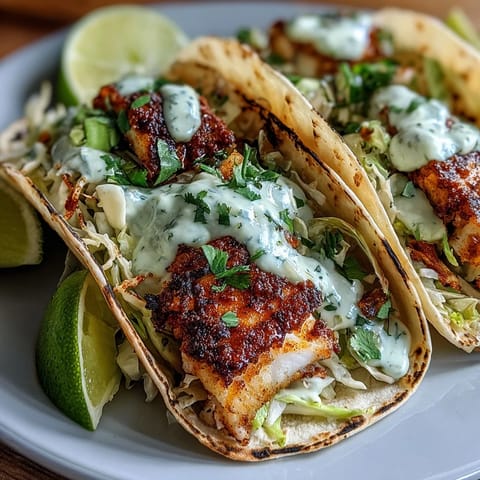 Golden pan-seared fish tacos topped with zesty cilantro-lime crema, fresh cabbage slaw, and ripe avocado for a satisfying seafood meal.