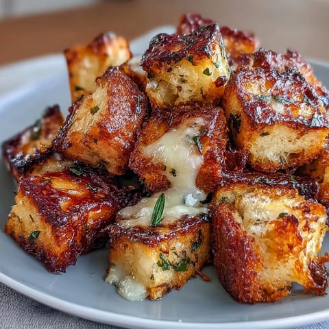 Golden sourdough croutons baked until crisp, perfect for topping hearty French onion soup with rich flavor.