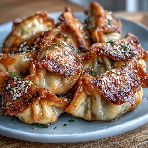 Crispy air fryer chicken dumplings served with savory sesame soy dipping sauce, perfect for appetizers or light meals.  