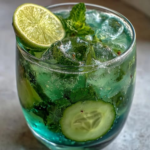 Cool and crisp virgin green mojito featuring muddled cucumber, lime, and mint, topped with sparkling water for a zesty twist.  