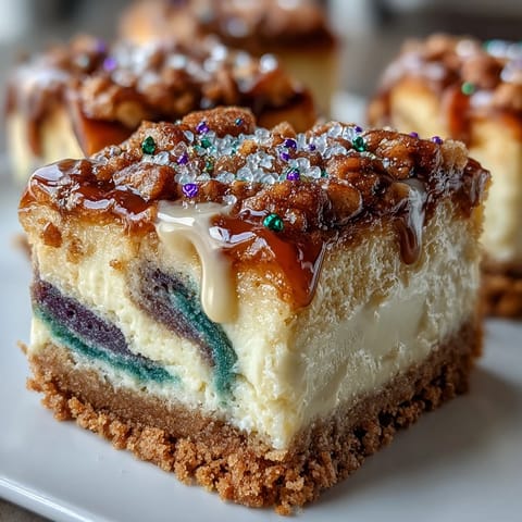 Festive King Cake Cheesecake Bars featuring creamy layers swirled with bold Mardi Gras colors atop a spiced graham cracker base, drizzled with sweet icing.