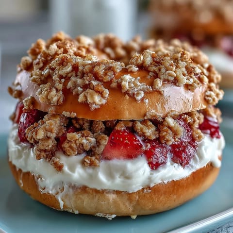 Strawberry Cheesecake Protein Bagels with Crumble Topping: golden bagels swirled with creamy cheesecake filling and juicy strawberries.  
