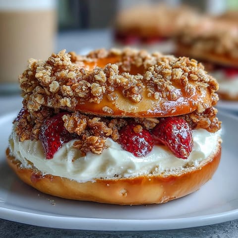 Soft, high-protein bagels topped with sweet crumble and fresh strawberry cheesecake filling for a nourishing breakfast treat.  