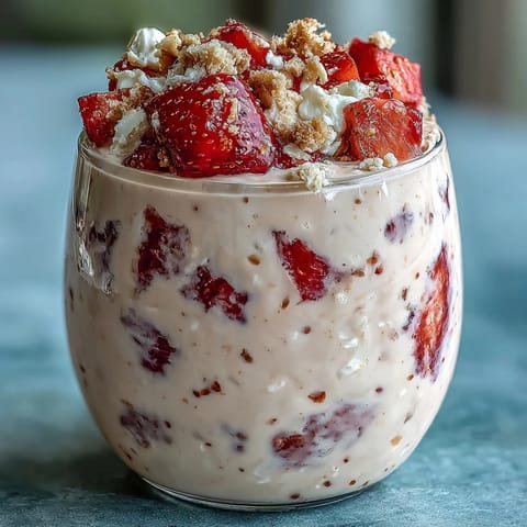 Creamy cottage cheese strawberry cheesecake overnight oats in a jar, topped with fresh strawberries and graham cracker crumbs.