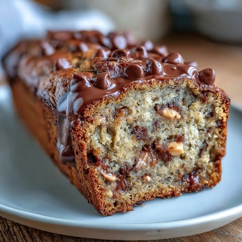 Decadent peanut butter cup banana bread loaf with chocolate chips, golden crust and gooey chocolate chunks inside.
