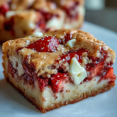 Delicious strawberry cookie bars loaded with juicy berries and creamy white chocolate chunks, perfect for a sweet spring dessert.  