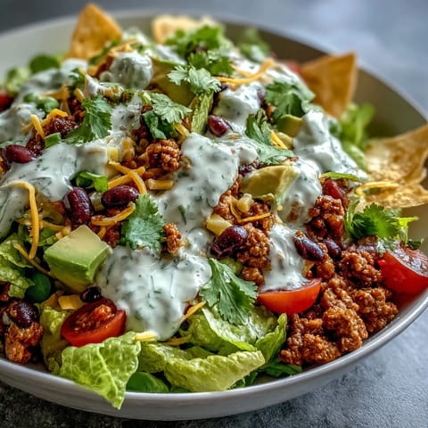 A colorful taco salad bowl layered with seasoned turkey, crisp romaine, black beans, corn, and creamy Greek yogurt ranch dressing.