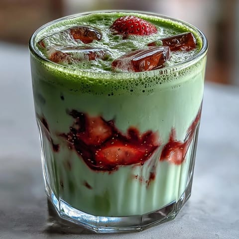 Vibrant dairy-free strawberry matcha latte with oat milk, layered with fresh strawberries and frothy green tea.