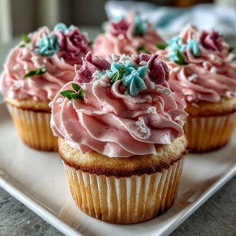 Delicate vanilla cupcakes topped with colorful buttercream flowers, perfect for baby showers and spring celebrations.