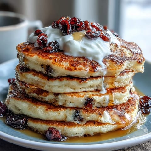 Fluffy cottage cheese protein pancakes with blueberries, stacked high and golden brown on a breakfast plate.  