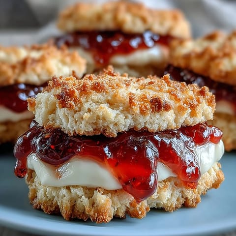 Delicious clotted cream sugar cookies with bright strawberry jam centers, perfect for an elegant teatime treat.