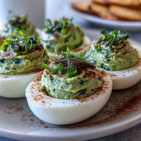 Fresh green avocado deviled eggs with creamy filling and bright herbs, perfect for spring gatherings and healthy appetizers.