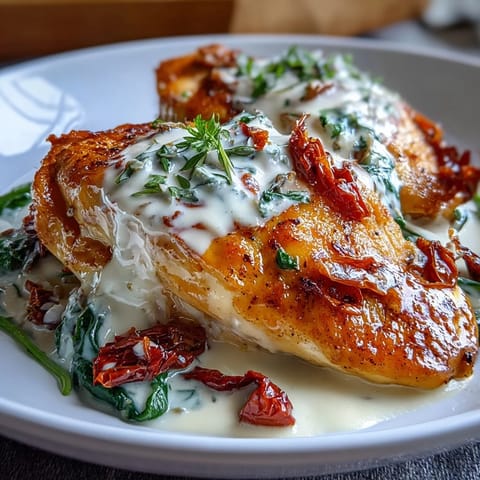 Creamy Tuscan Chicken Skillet with golden seared chicken in rich garlic cream sauce and sun-dried tomatoes.
