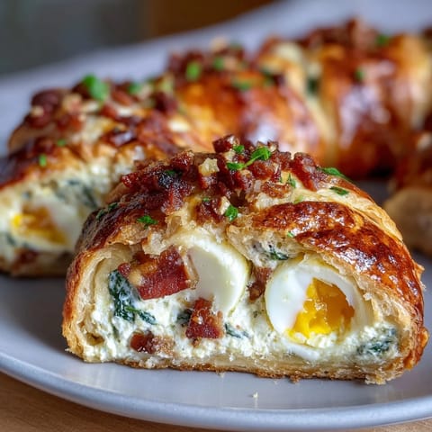 Festive Easter savory pie with hard-boiled eggs and ham, showcasing golden puff pastry and a creamy ricotta filling.  