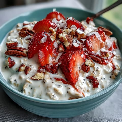 Healthy Easy Overnight Oats with Strawberry and Chia, layered in a glass jar with vibrant red berries and creamy chia-infused oats.