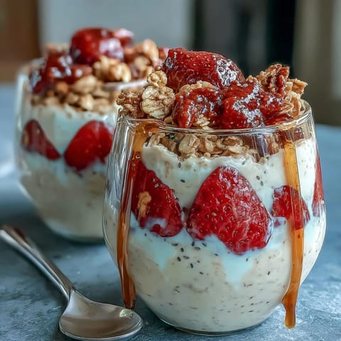 Creamy strawberry overnight oats with chia seeds and granola, topped with fresh berries for a vibrant, healthy breakfast.