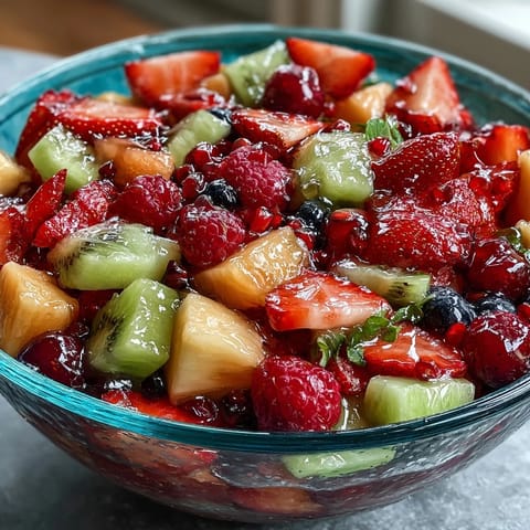 A vibrant bowl of strawberry lemonade fruit salad with juicy berries, sweet pineapple, and zesty lemonade dressing.