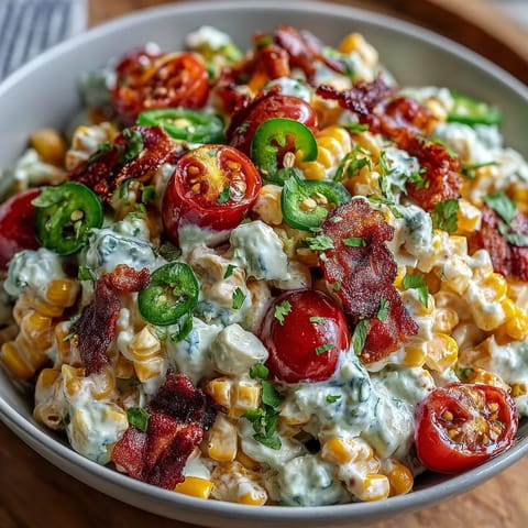 A refreshing bowl of Creamy Corn Salad with Jalapeño, featuring juicy tomatoes, red onion, and a smoky, tangy cream sauce.  