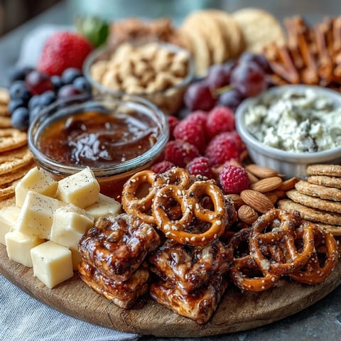 Grad Party Snack Board with Sweet and Savory Bites: A vibrant spread of cheeses, meats, fruits, and treats arranged for easy sharing at graduation celebrations.