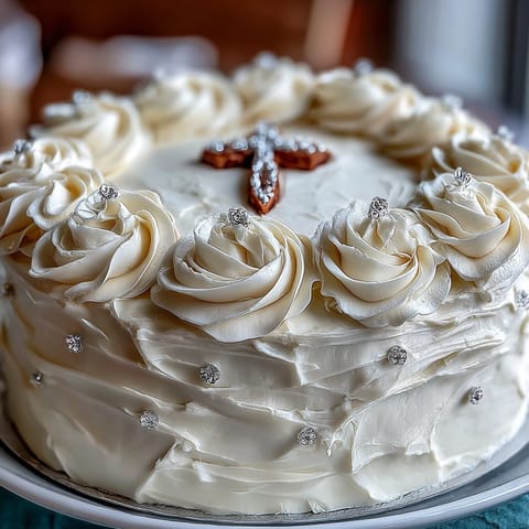 Elegant First Communion cake with white fondant roses and a cross topper, perfect for celebrating this special religious milestone.