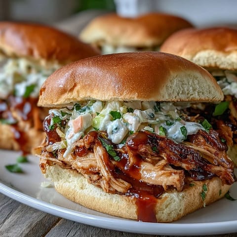 Juicy pulled BBQ chicken piled high on soft brioche buns, topped with creamy coleslaw for a satisfying summer sandwich.