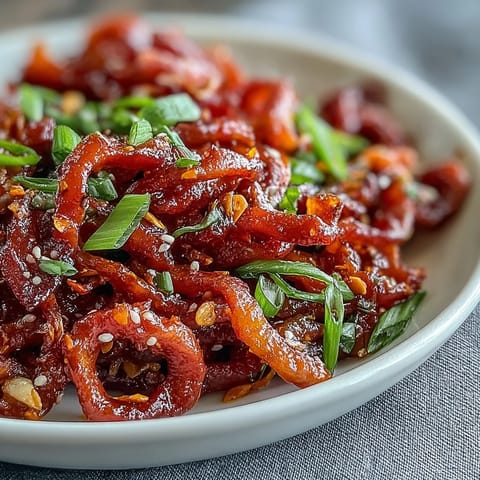 Chewy wheat noodles tossed in spicy chili crisp, with golden garlic slices and vibrant carrot ribbons for texture and color.
